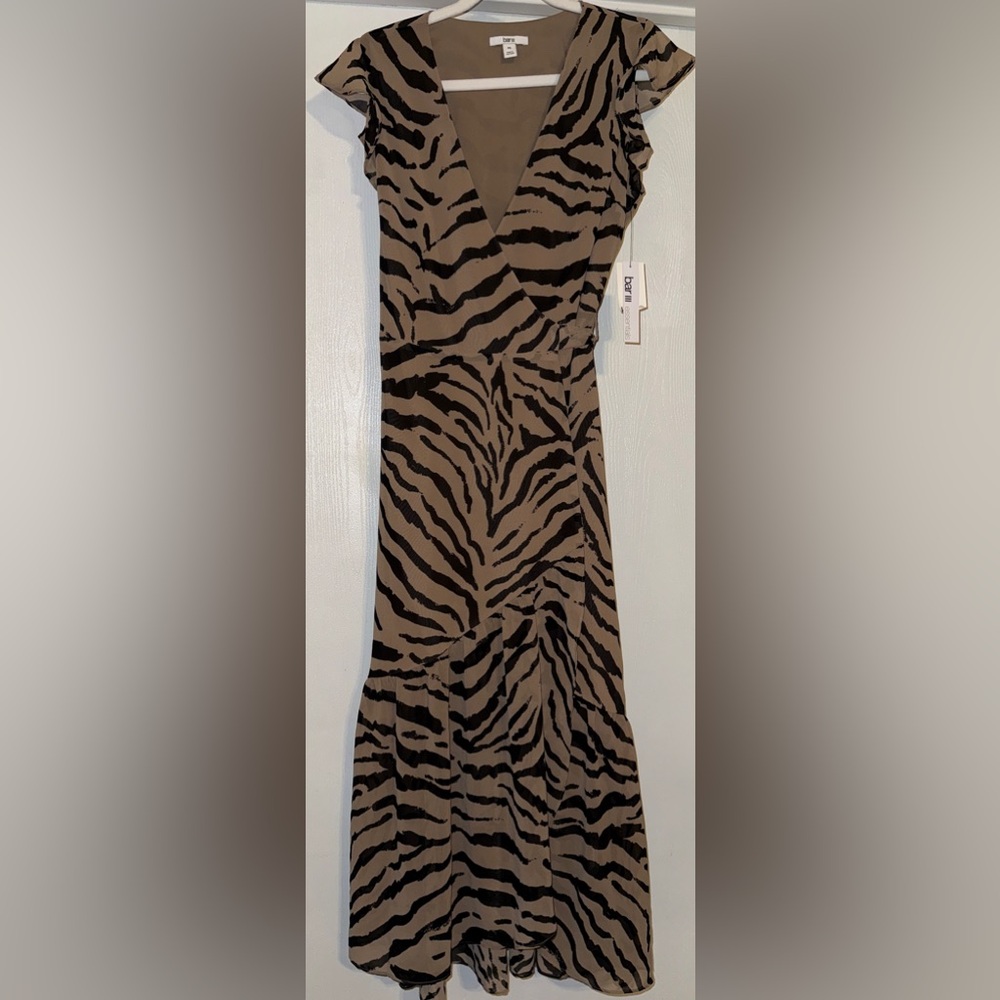 Bar III Zebra Print Midi Wrap Layer ruffle bottom Dress in Black and Tan NWT